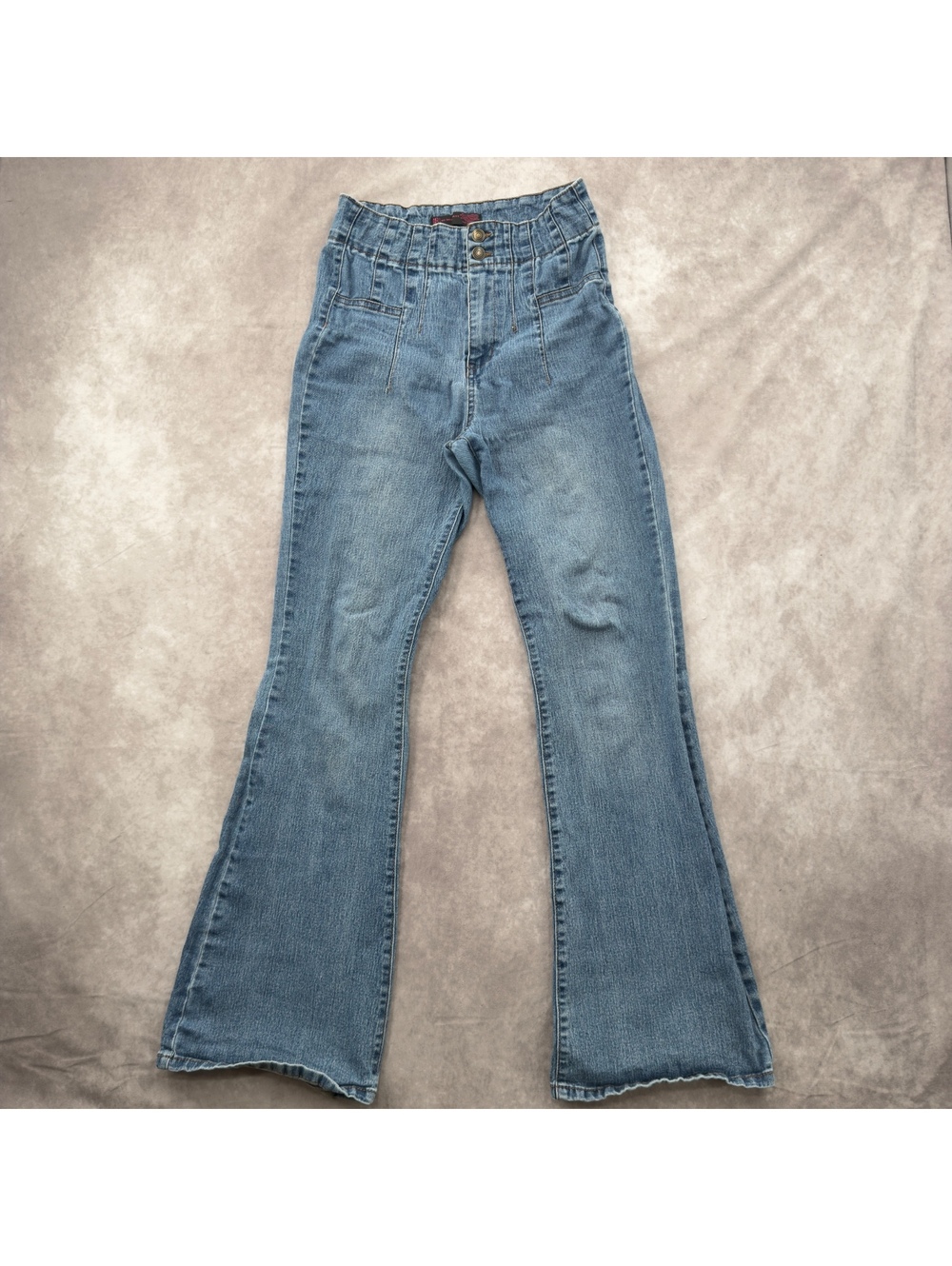 Y2K No Boundaries High Waist Pintuck Flare Jeans Light Wash Double Button Size 9